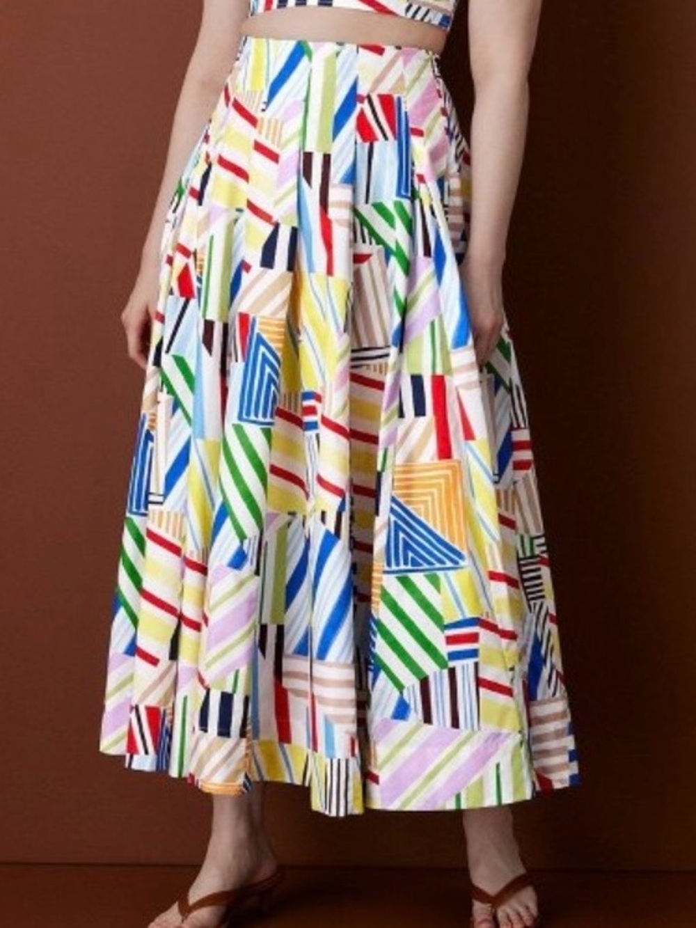 Rosie Assoulin Women's Pleated Poplin Madras Casual Midi Skirt Multi 6 NWT